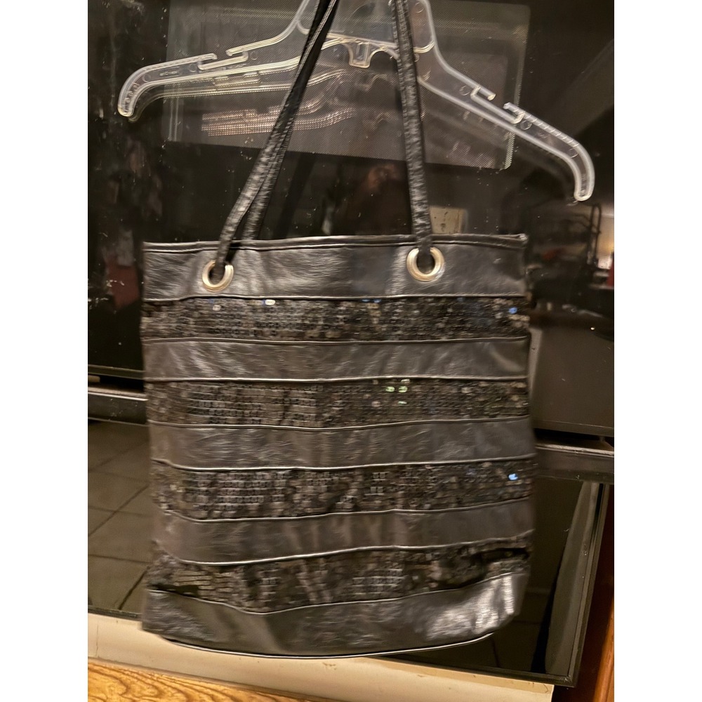 Womens Black Faux Leather Sequin Stripe Tote Bag‎ Shoulder Purse Glam Night Out